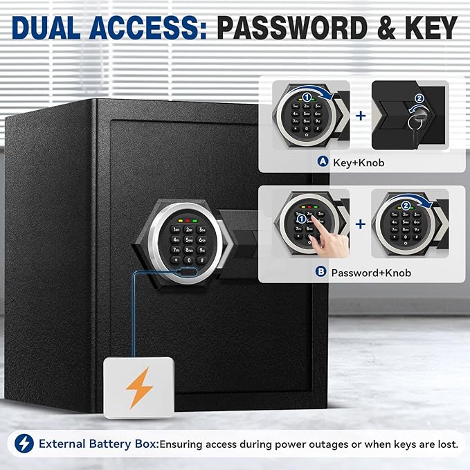 2.5 Cu Ft Large Safe Box,Fire Proof Safe with External Battery Box | Steel Security Box with Digital Electronic Keypad, Removable Shelf Safety Lock Box for Office Documents Money Jewelry Gun