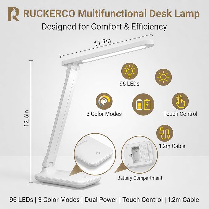 R RUCKERCO Led Desk Lamp Dimmable Desk Light Reading Lamp 3 Lighting Modes, Eye Protection Accessories, Study Desk Lamp Equipped USB Charger Suitable for Home Office is for Gift Giving