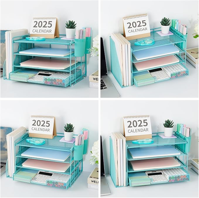 Desk Organizer, 4-Tier Desktop File Organizer with Drawer and Pen Holders, Office Desk Accessories, File Sorters, Workspace Organizers for Office Supplies(Teal Blue)