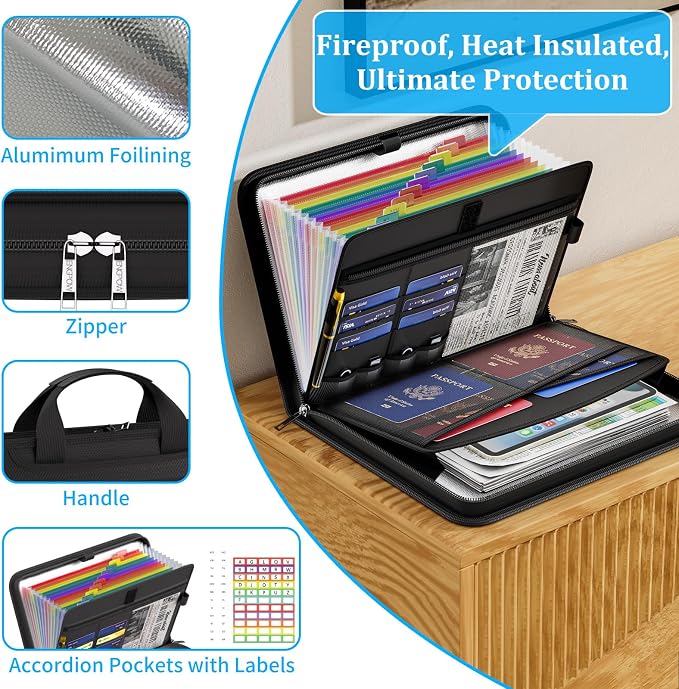 ENGPOW Accordion File Organizer, Fireproof 5200°F Expanding File Folder with 13 Pockets Document Organizer with Handle & Labels, Portable Home Office Travel Safe Storage for Letter A4 Files, Black