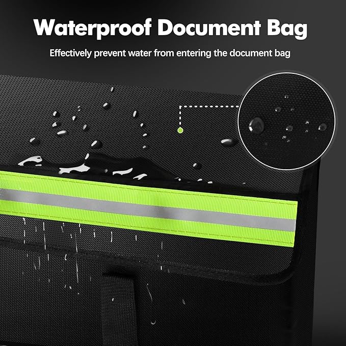 Large Fireproof Document Bag for Home Safe Storage, 15 x 12 x 6in, Black | 2000°F fireproof document box, 4-layer fiberglass important document storage for photo, file and cash with reflective strip