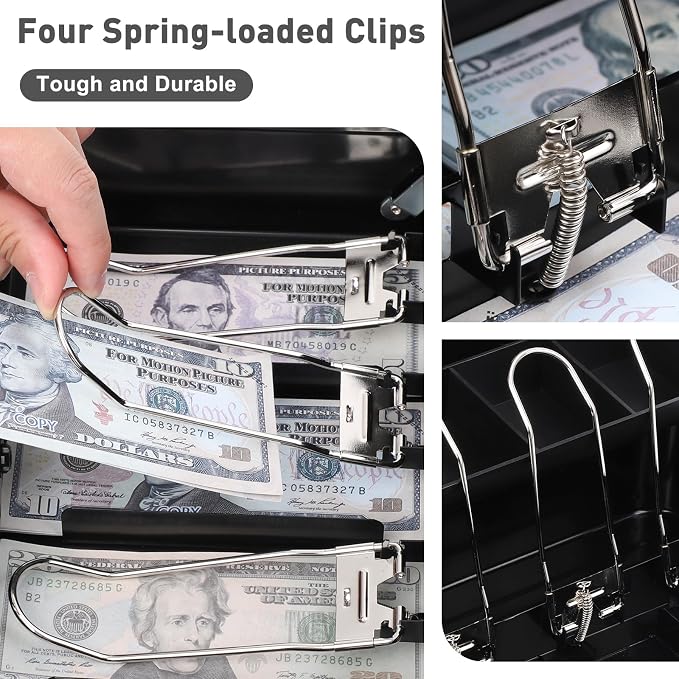 KYODOLED Metal Cash Box with Combination Lock & Spring-Loaded Bill Clips, 5-Compartment Cantilever Coin Tray, Portable Safe for Yard Sales/Craft Fairs/Small Businesses, 11.81”x9.45”x3.54”, Black