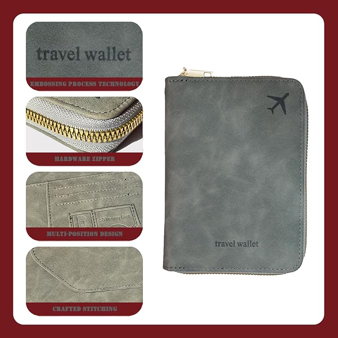 Passport Holder with Tether and Carabiner Clip to Prevent Loss and Theft, Rfid Passport Holder for Travel, Passport Cover, Wallet & Case for Men and Women (Gray - Tether and Carabiner)