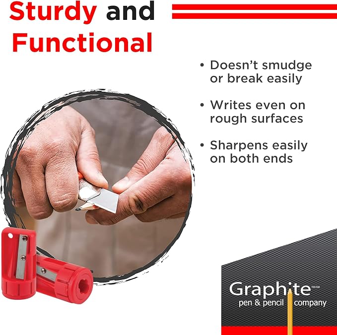 GRAPHITE Hard Lead Carpenter Pencils Bulk - (1) Pack of 12 Pieces Lumber Wooden Pencil #2 (HB) - Neon Orange