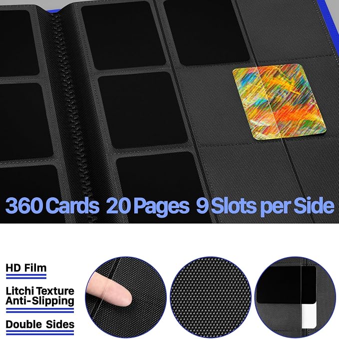 【2026】Trading Card Binder 9 Pocket, Premium Sports Collection Binder Game Cards Book with Sleeves Side Loading, Anti-open Strap Double Sided Waterproof 360 Card Folder