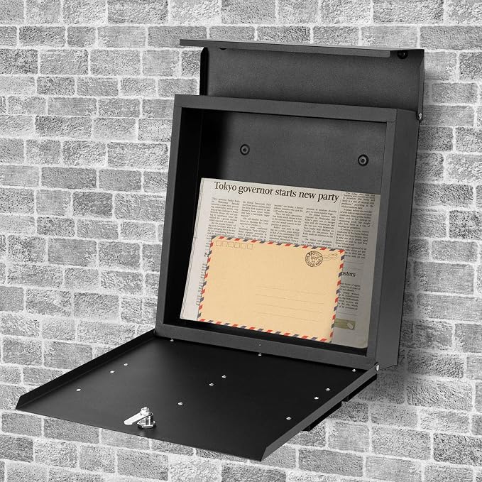 Wall-Mount Mailbox with Lock and Keys, Security Key Drop Box for House Outside, Locking Postbox, Steel Metal Rust-Proof Mail Box, 14.57 x 14.57 x 4.33 Inch, Black, MD002 X-Large