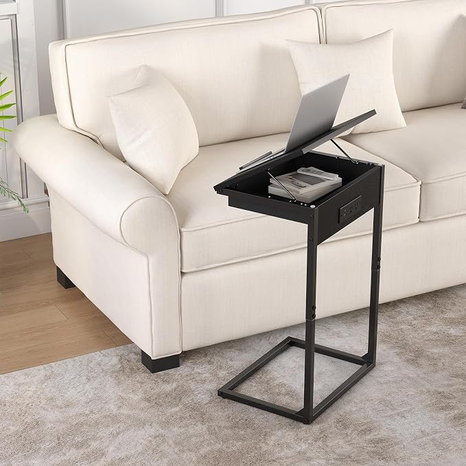 sthmec C Shaped End Table with Charging Station,45° Tiltable Adjustable Flip Top Side Table Set of 2,Small C Table Set 2 for Small Spaces,Slide Under Couch Sofa Bedside Table Living Room, Black