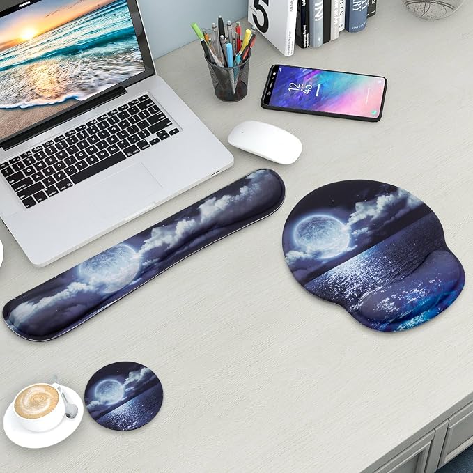 Mouse Pad and Keyboard Wrist Rest Support,Ergonomic Mouse Pad Set | Mousepad With Coaster and Non-Slip PU Base,Pain Relief for Desk Desktop Gaming, Computer,Office -Beach