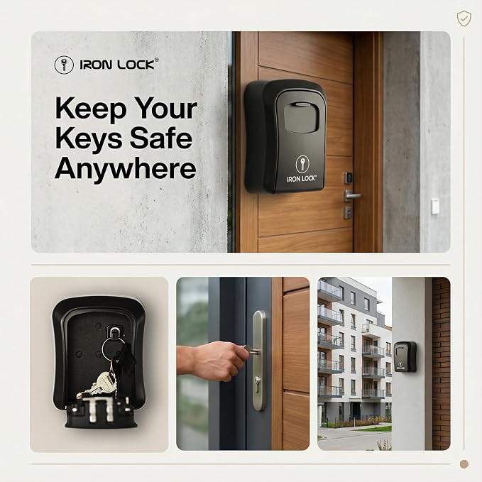 Iron Lock® Medium Wall Mount Combination Key Lock Box, Outdoor (Black) | Screw-in wall mount (4 screws + 4 anchors) — not magnetic, does not hang; weather-resistant zinc alloy, includes key hanger
