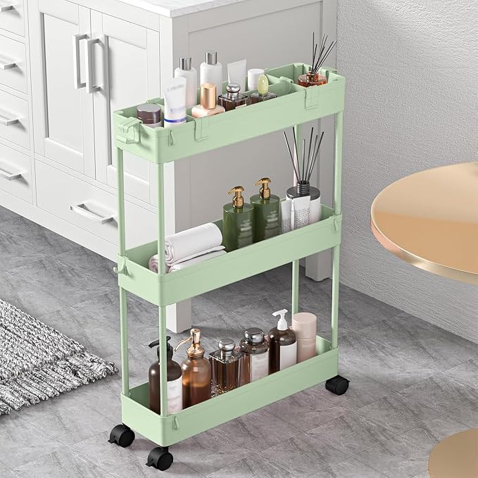 2-piece Set Slim Storage Cart 3 Tier,Bathroom Organizer Rolling Utility,Mobile Shelving Unit Slide Out for Office, Kitchen, Laundry Room & Narrow Places
