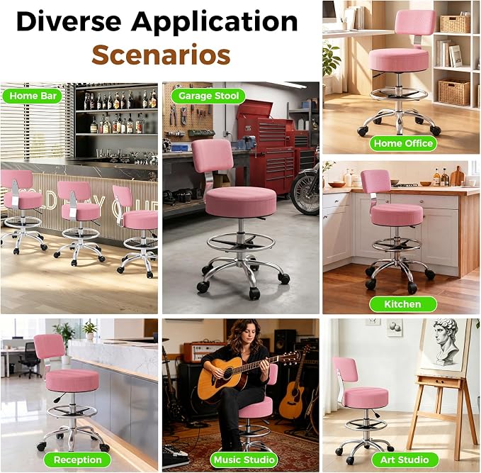 Office Drafting Chair with Footrest, Tall Height Adjustable Stool with Back Support, Heavy Duty Rolling Stool Chair with Wheels for Office Home Kitchen Bar Shop Guitar Studio Vanity, Pink