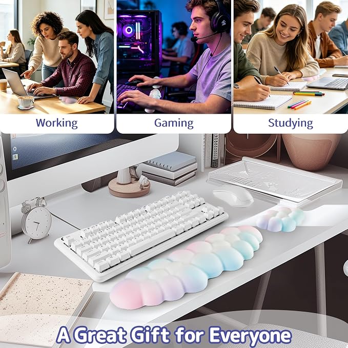 Cloud Wrist Rest Keyboard, Cloud Keyboard Wrist Pad Set with PU Leather Memory Foam, Cute Arm Rest for Palm Support, PC/Gaming Desk Accessories/Office Setup/Computer Hand Cushion - Rainbow