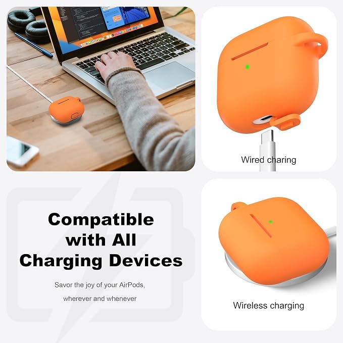 R-fun Compatible with AirPods 3 Case Cover, Silicone Protective Accessories Skin with Keychain Compatible with Apple AirPod 3rd Generation 2021 for Women Men Girls Boys,Front LED Visible,Orange