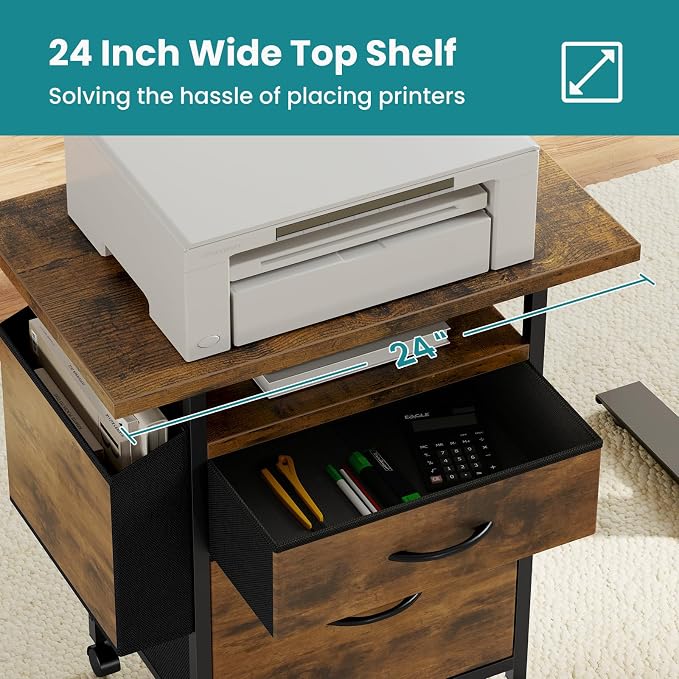 OLIXIS 2 Drawer File Cabinet with 24'' Wide Desktop, Rolling Printer Stand | Printer Cart with Lockable Wheels, Fabric Drawer Cabinet Under Desk with Storage Side Bag for Small Space, Home Office, Brown