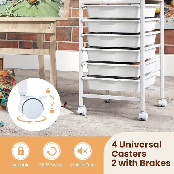 Giantex Rolling Storage Cart with 6 Drawers, Utility Cart w/Wooden Tabletop, Lockable Wheels, Multipurpose Organizer for Art Craft Books Paper, Drawer Carts for Dorm Classroom Office, White