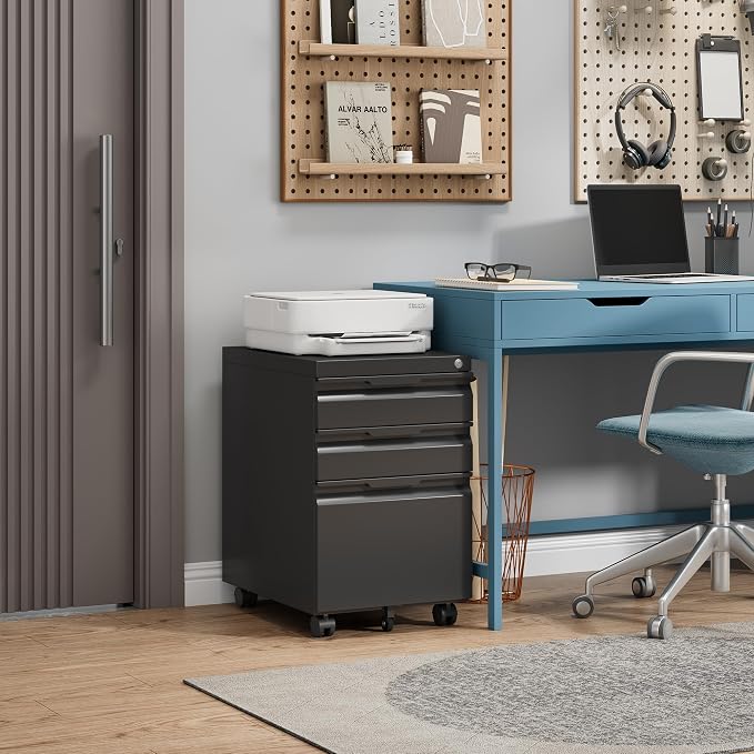 3 Drawer Mobile File Cabinet with Lock, Rolling File Cabinet with Wheels | Metal Small Filing Cabinet with Wheels for Home Office Storage, Fits Legal/A4/Letter/Document Size, Required Assembly, Black