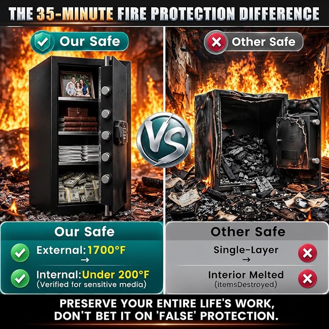 [25.59 in Tall, 60 lb] Large Heavy Fireproof Safe Box | 1700℉ Fire Resistant for 35 Mins, Combination Lock, Alarm System, 7 Sturdy Deadbolt, Removable Shelf, Sensor Light