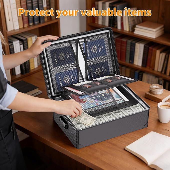 DocSafe Fireproof Document Box with Lock - 12 Layers Heat Insulated, Black | File Organizer Hard Case Safe Box with Fireproof Zipper, Home Safe Protects Important Documents, Passport, Cash