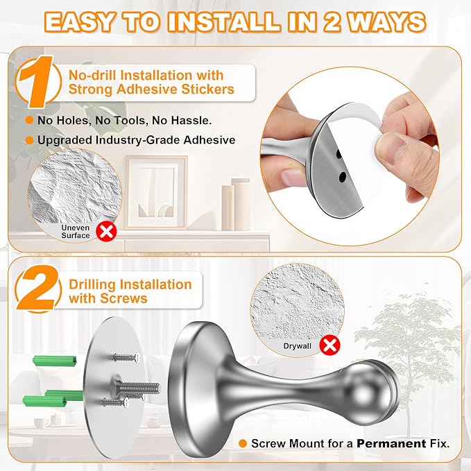 Crosize Magnetic Door Stoppers 4 Pack, Stainless Steel Door Stops for Wall and Floor Mounting, Door Holder Keep Door Open, No Drilling Door Stop with Adhesive Tapes, Silver