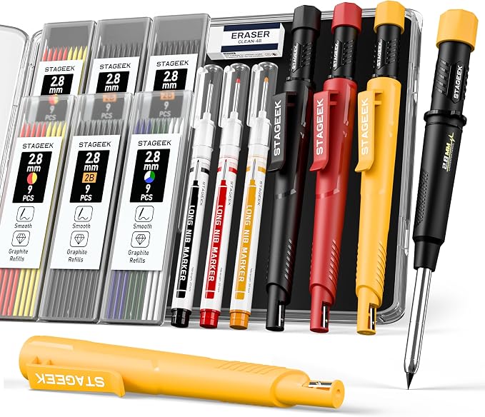 STAGEEK 2.8mm Mechanical Carpenter Pencils with Sharpener, 3 Pack | 57 Refills, Construction Pencil Heavy Duty Woodworking Tools, Waterproof Deep Hole Long Nib Marker Pens for Architect Marking