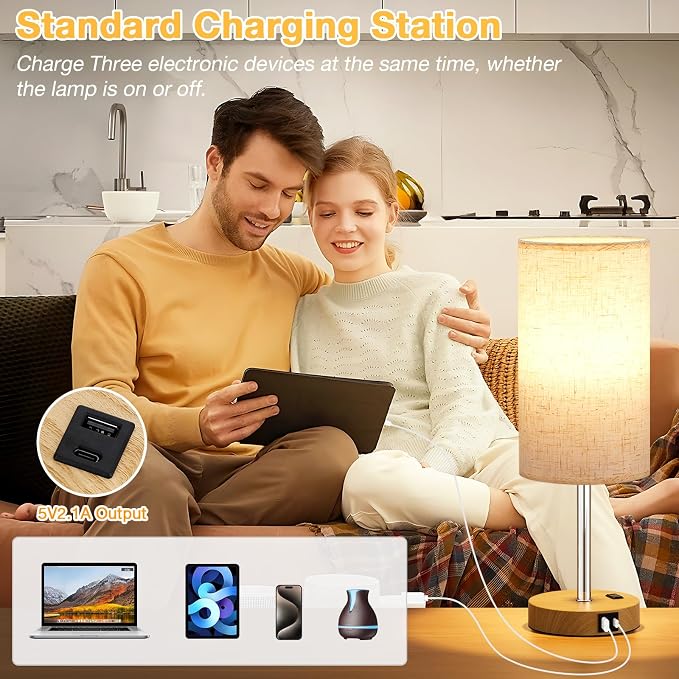 Dicoool 17.4" Bedside Lamp for Bedroom - Dimmable Touch, USB A+C, AC Outlet | LED Bulb Included, 3-Way Dimmable, 17.4" Table Lamp for Guest Room, Living Room, Fabric Lampshade, Wood-Grain Metal Base