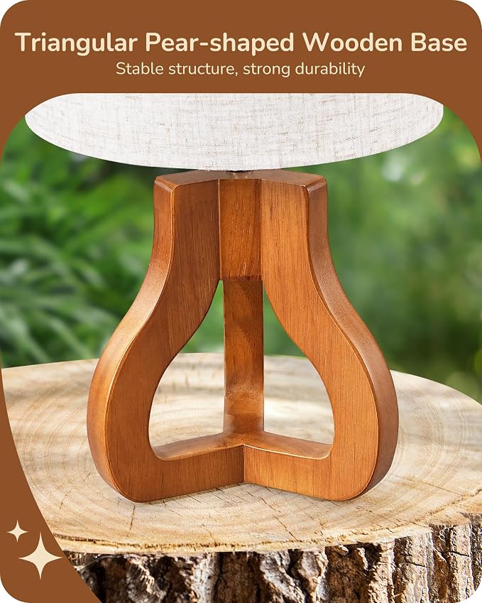 EDISHINE 14.6" Modern Table Lamp, Rose Wood Base Nightstand Lamp, E26 Base | Beige Linen Shade, On-Off Line Switch, Small Cute Bedside Lamp for Living Room, Bedroom, Office