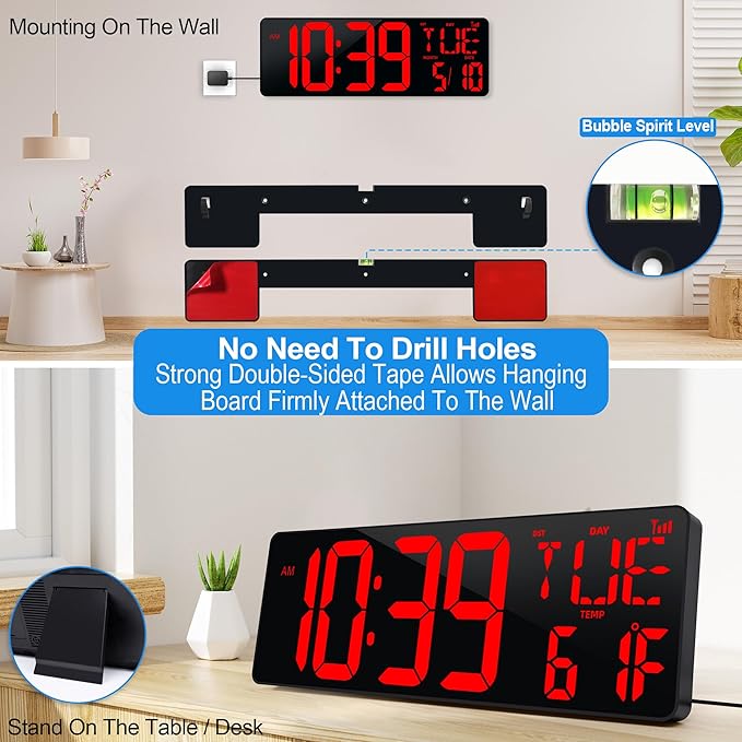 17.2" Large Digital Wall Clock Bluetooth Auto Sync Time Big Timer Red | Large Display Auto-Dimming/DST Led Wall Clock with Date Week For Living Room Classroom Garage Gym Gift for Senior Mom Dad