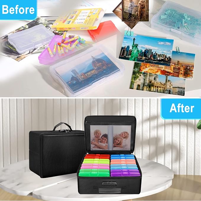 ENGPOW Fireproof Photo Storage Box with 16 Inner 4" x 6" Photo Cases(Multi-Colored), Photo Organizer with Lock, Collapsible Portable Photo Safe Containers with Handle for Photos, Picture, Craft