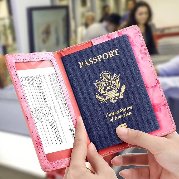 Eoehro Passport and Vaccine Card Holder, Faux Leather, E-Marble Rose Red, Unisex, 5.6"x 4"