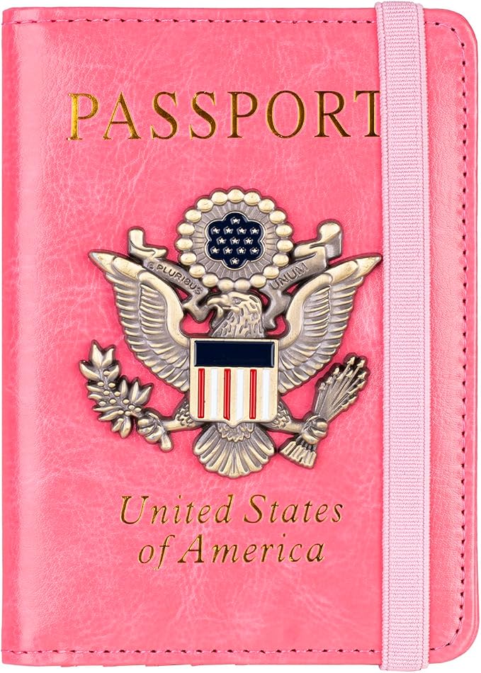 TOURSUIT RFID Blocking Passport Holder, Leather Travel Wallet, Pink | Travel Document Holder Cover Accessories, 3D Metal Badge, For Women Men