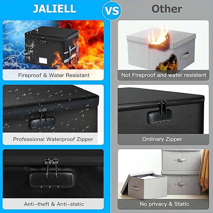 Fireproof File Box with Lock, Document Storage Organizer with Lid, Handle | File organizer Filing Storage Cabinet with Water-resistant Zipper, Home Office Safe for Hanging Letter/Legal Folder