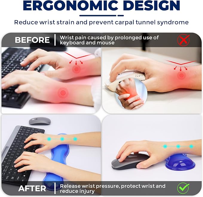 Gel Wrist Rest for Keyboard and Mouse, Wrist Rest for Keyboard, Mouse Wrist Support, Pain Relief, Cool Touch, Non-Skid, Mouse Wrist pad
