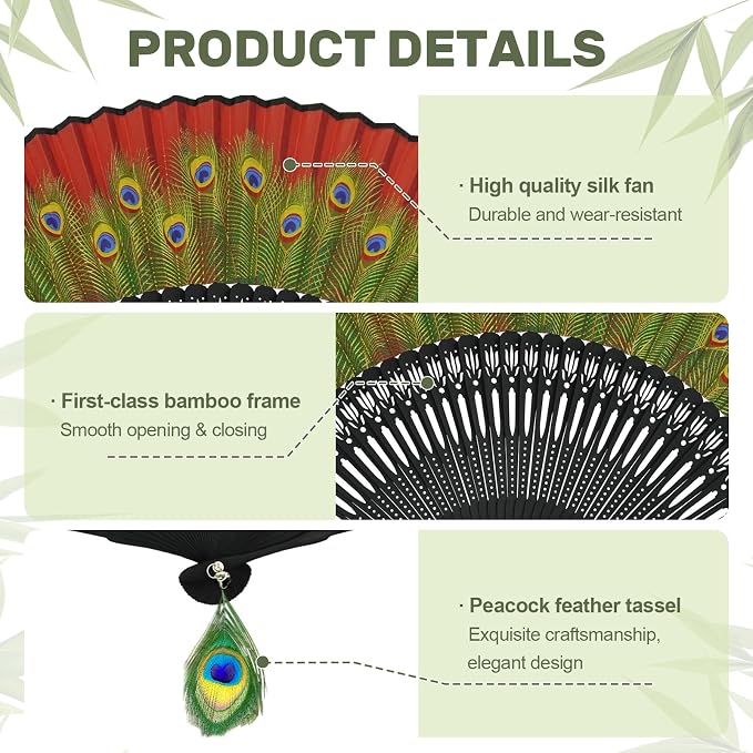 EOSAU Hand Fans for Women Foldable - Bamboo Silk Folding Fan Handheld, Fans for Line Dancing Wedding, Portable Bridal Party Favor, Elegant Church Performance Gift (Peacock Red)