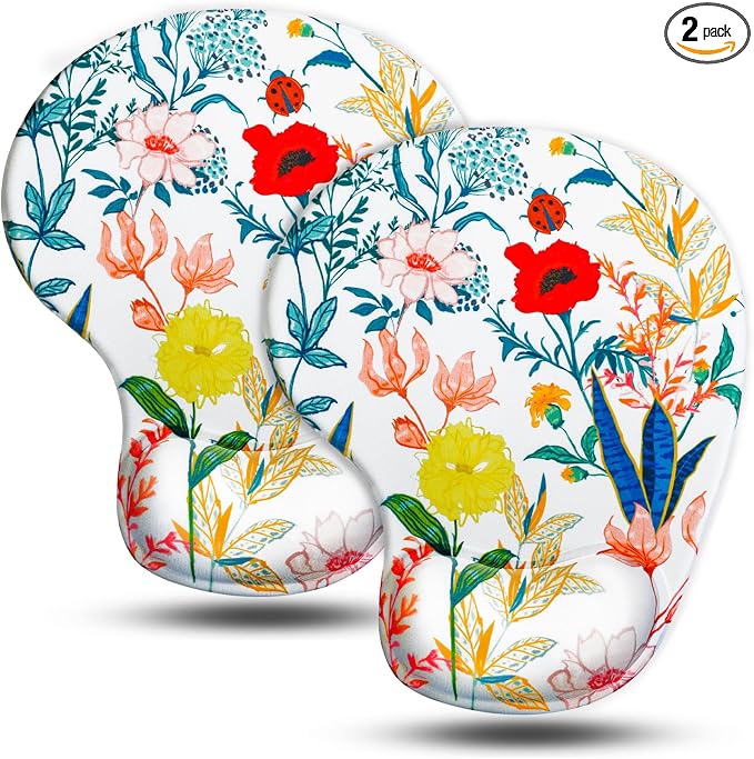 JIKIOU Ergonomic Mouse Pad with Gel Wrist Rest 2Pack, Portable Small Flower | Upgraded-Prevent Gel Leakage, Ergonomic Design for Pain Relief, Cooling Gel filled, Smooth Lycra Surface, Non-Slip PU Base