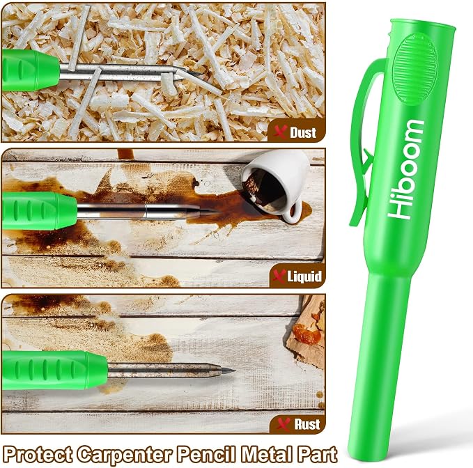 Hiboom 2 Pack Carpenter Pencils with Pencil Cap and 18 Refills, Green | Mechanical Pencil, Deep Hole Marking, Built-In Sharpener, Long Nose Tip, Pocket Clip, Marks Many Surfaces, Woodworking Use