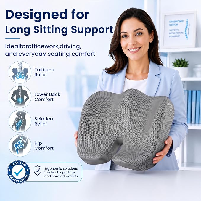 CJACSOC Seat Cushion, Extra Large Memory Foam Cushion for Office Chair Cushions, Ergonomic Cushions Pad Pillow for Pressure Relief Sciatica & Pain Relief for Long Sitting, Grey