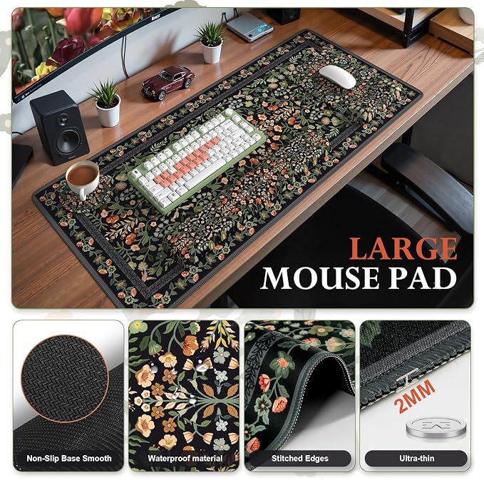 iCasso Mouse Pad with Wrist Rest,Ergonomic Large Desk Mat Set, Black | Keyboard Pad with Wrist Support, Non-Slip Mouse Mat for Women, Cute Floral Computer Mat for Home Office Gaming