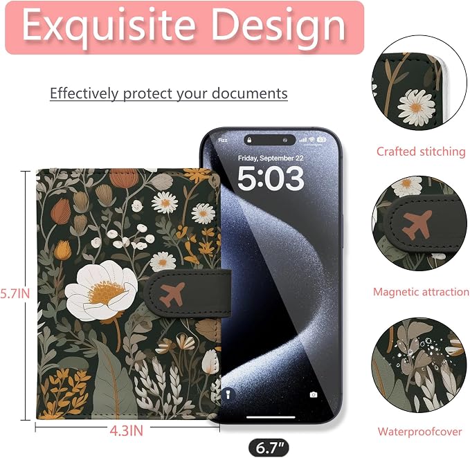 Passport Holder, Cute Travel Wallet Cover with RFID Blocking,flower | PU leather travel wallet with magnetic closure, card slots, pen loop, and easy access for passports and essentials.