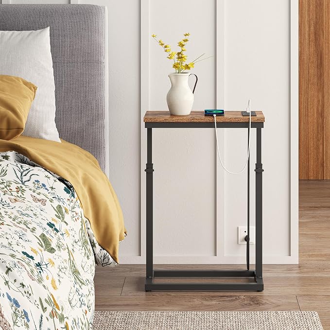 TUTOTAK End Table with Charging Station, Side Table, Tall Couch Table | Sofa Table, for living Room, Bedroom, Brown TB01BB084