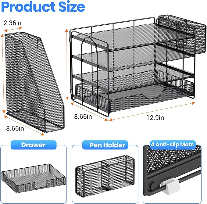 Desk Organizers and Accessories, 4-Tier Desktop File Organizer with Drawer and Pen Holders, Office Desk Accessories Workspace Organizers for Office Supplies (Soft Black)