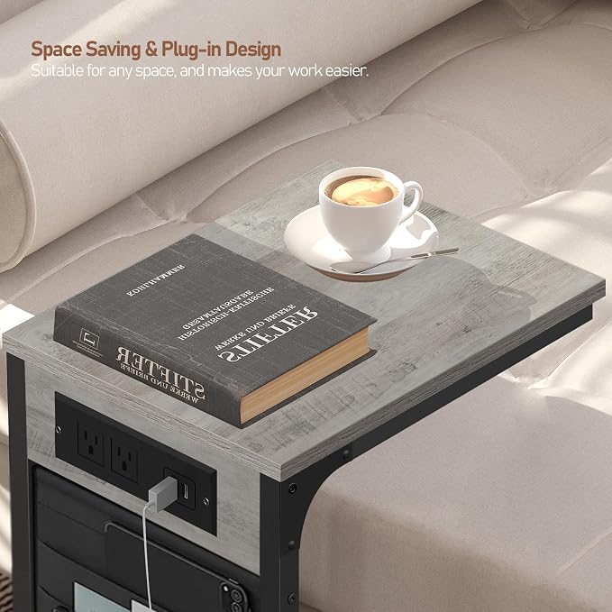 TUTOTAK C Shaped End Table with Charging Station, Side Table for Sofa | Couch Table with Storage Bag, TV Tray with 2 USB Ports and Outlets, Set of 2, Living Room and Bedroom, Greige TB01BG0242