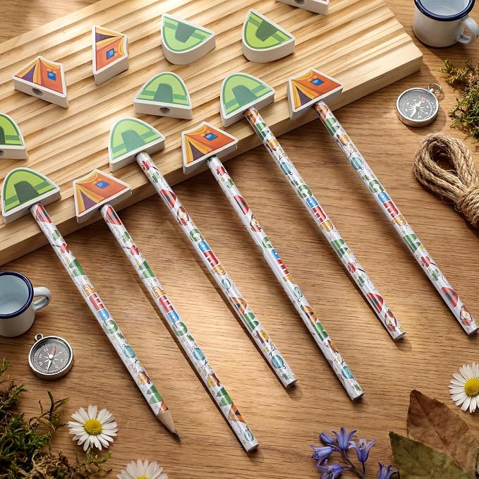 32 Pcs Camp Pencil with Eraser Summer Camping Party Favors Camping Stationery Supplies for School Classroom Exchange Gift Reward Prizes Adventure Vbs Party Supplies