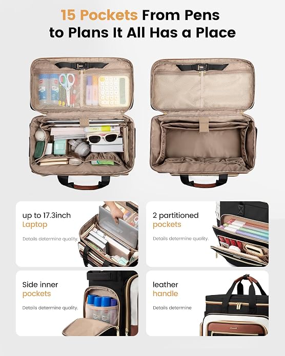 LOVEVOOK Rolling Teacher Bag, Laptop Tote with Detachable Dolly | Fits 17.3 Inch Laptop, Detachable Dolly, Large Rolling Tote Bag for Teacher Office Work Nurse, Adjustable Handle
