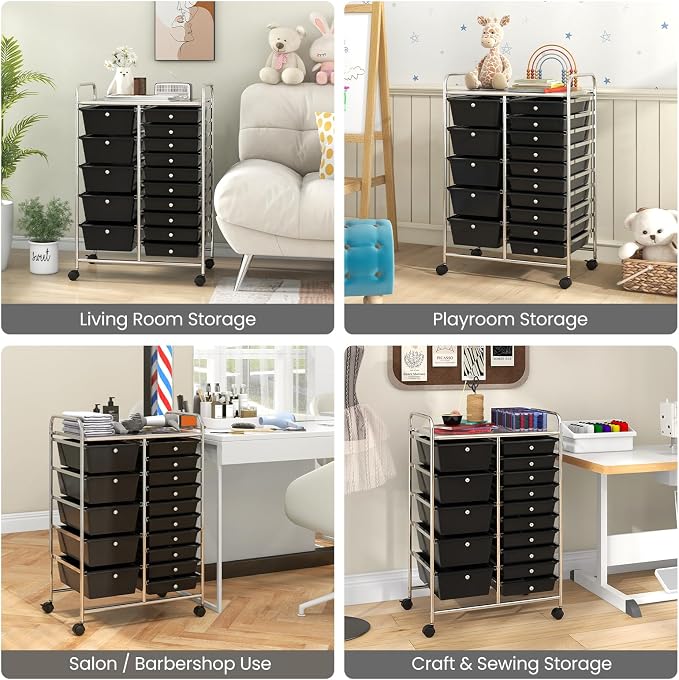 BECOMFORT 15-Drawer Rolling Cart with Drawers, Storage Cart on Wheels, Teacher Classroom Organizers with Metal Frame, Mobile Craft Cart for Tools, Trolley Utility Cart for School Office Play Room