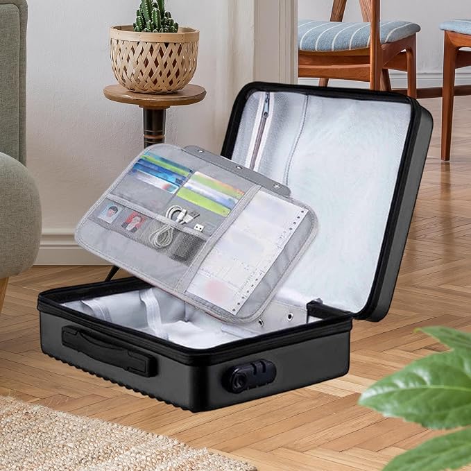 Fireproof Document Box, Secure Storage, Waterproof Briefcase, Sturdy Storage Bag for Contracts, Outdoor, Black