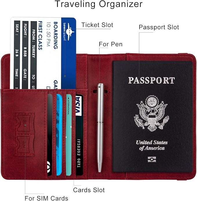 WALNEW Passport Holder for Travel, RFID Passport Cover Wallet for Women Men, PU Leather Passport Book Card Holder Case with Pen, Travelling Essentials for Flying | PU Leather Passport Cover Case with Pen Holder, Travel Must Haves Accessories, Passport ...