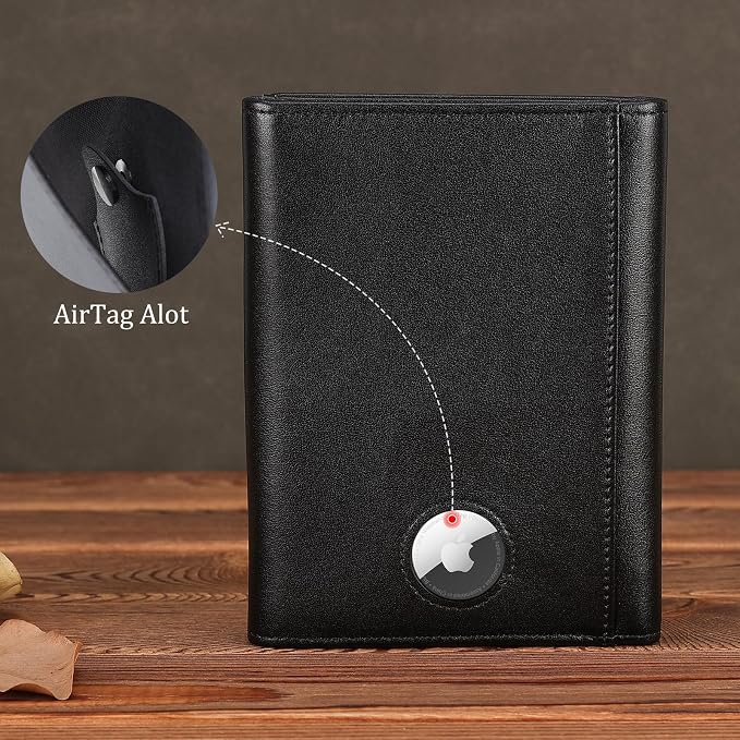 Polare Napa Leather Pilot Wallet Passport Holder RFID Blocking Tri-fold Travel Cover Document Organizer for Aviation Professionals (Black with AirTag Slot)