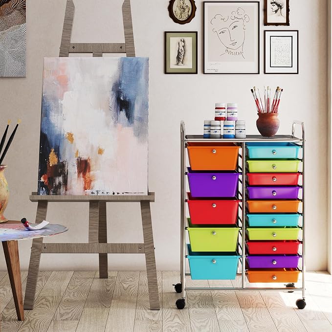 BECOMFORT 15-Drawer Rolling Cart with Drawers, Storage Cart on Wheels, Teacher Classroom Organizers with Metal Frame, Mobile Craft Cart for Tools, Trolley Utility Cart for School Office Play Room