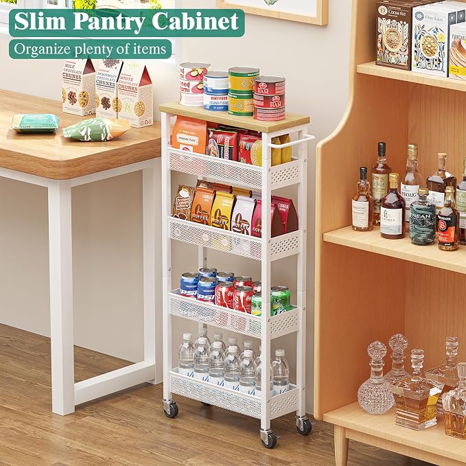 Slim Storage Cart 5 Tier Narrow Kitchen Rolling Cart on Wheels for Small Space, Metal Utility Cart Narrow Bathroom Storage Cabinet Mobile Shelf Unit Organizer with Wood Top and Handle, White