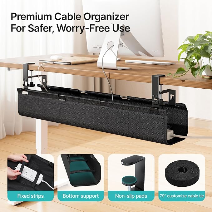PEGZONE No Drill Under Desk Cable Management Tray, 31.5" Fabric Organizer | Clamp/Screw Premium Mount Cord Holder, for Power Strips, Adapters, with 2 Hooks & 1 Tie Roll for Home Office Gaming, Black